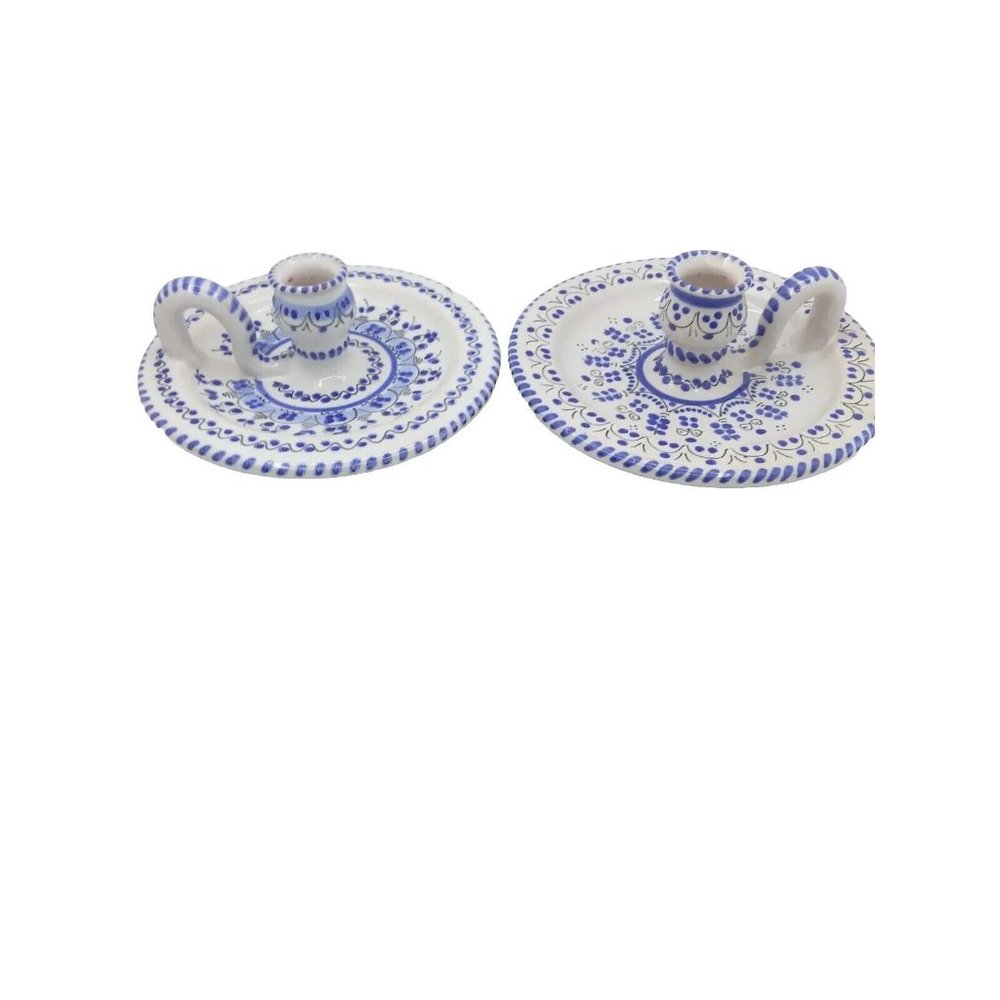 Pair CRUZ (Spain) Marked Blue And White Floral Finger Loop Candle Holders READ